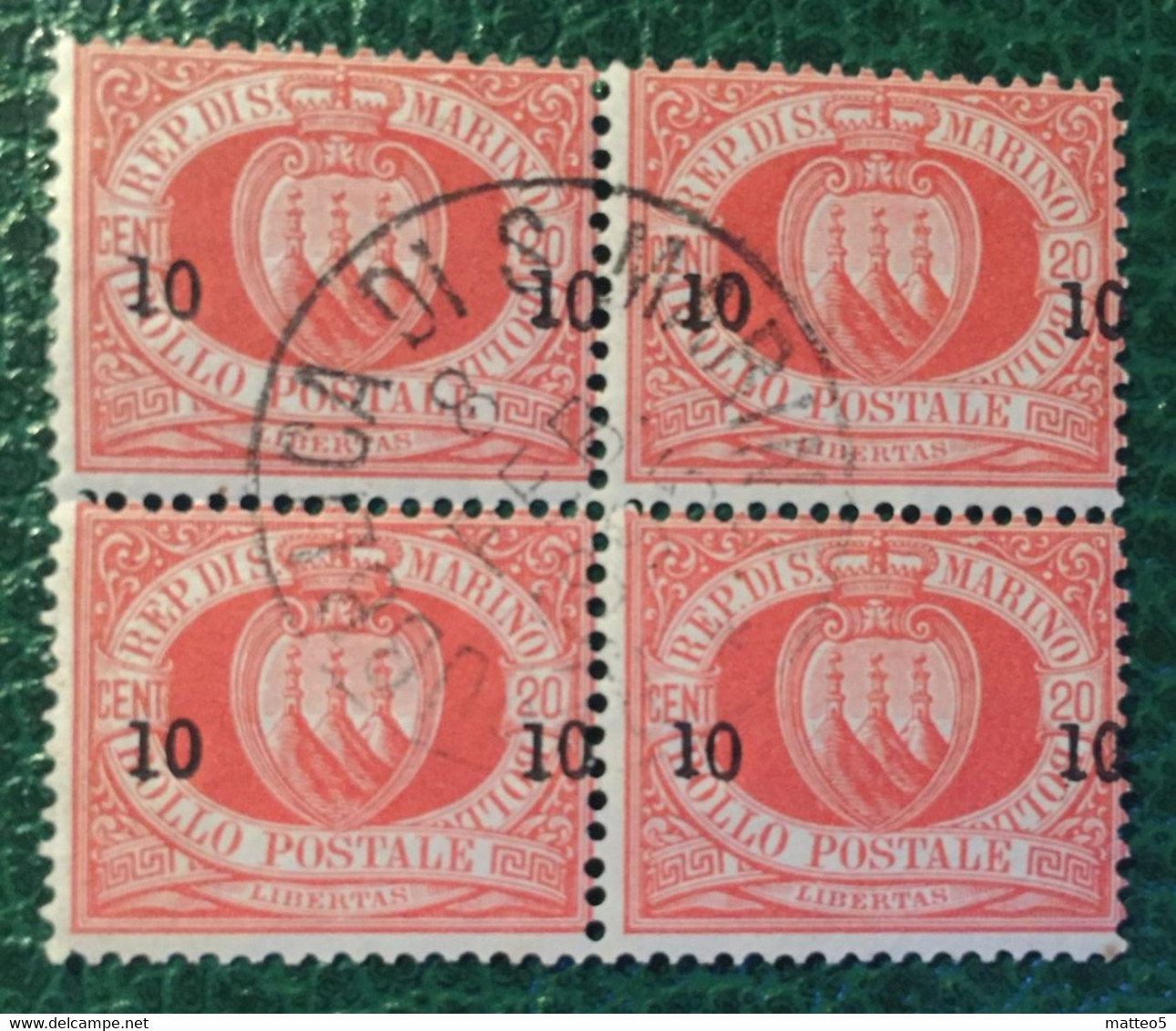 1892  - San Marino - 10 Cent Soprastampa Su Venti Centesimi - Stemma - Quartina -  Usati - Usati