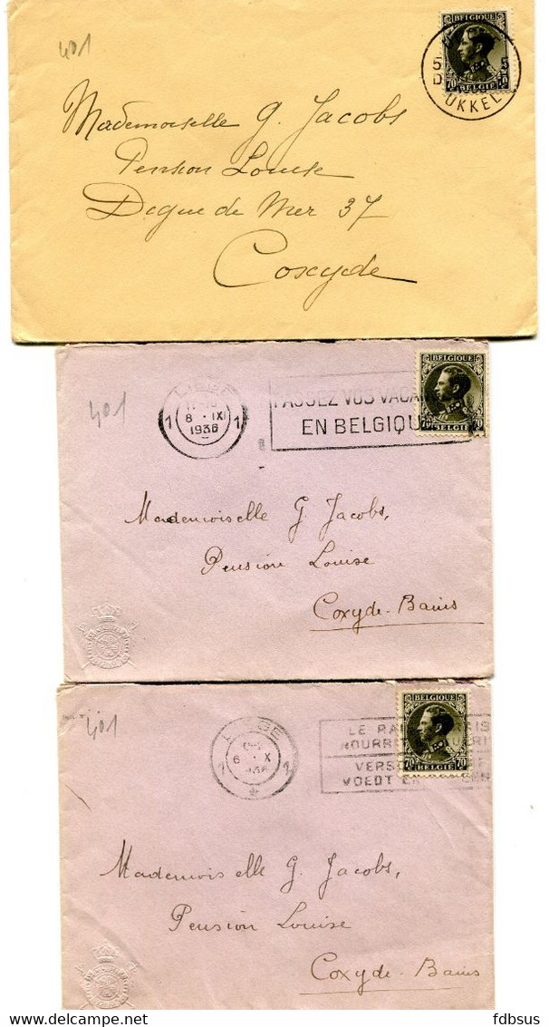 3 Enveloppen Van Liège / Ukkel Naar Coxyde Bains Gefr. 70c Leopold III   Catnr 401 - 1934-1935 Leopold III