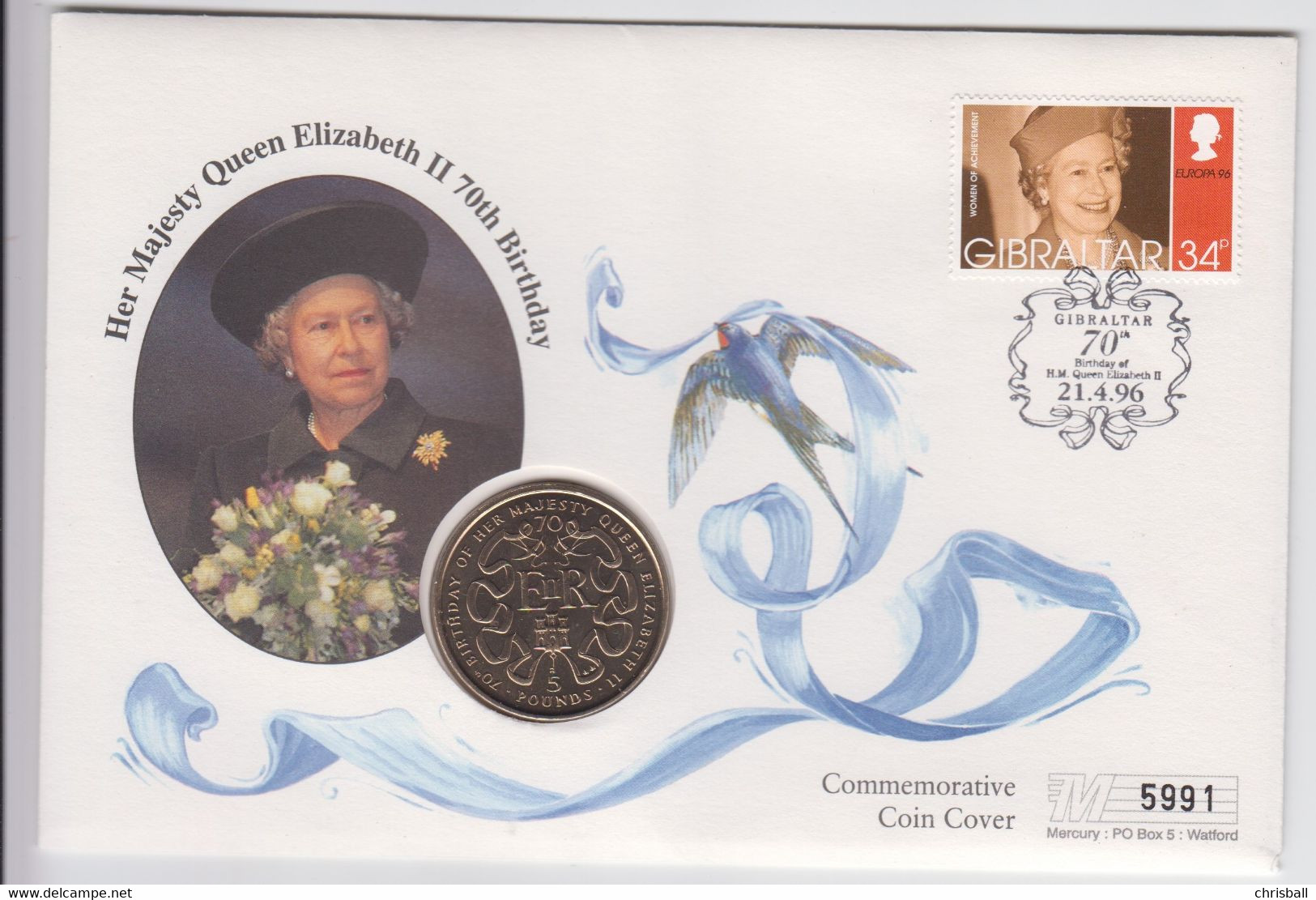 Gibraltar 1996 Coin & Stamp Cover - Queen Elizabeth 70th Birthday Coin FDC - Gibraltar