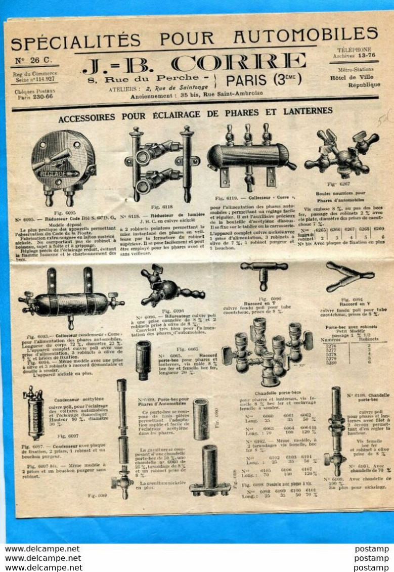 Publicité -AUTO-J B CORRE -spécialités Pour Automobiles  1923-catalogue Illustré 4 Pages+ Feuille-tarifs + - Matériel Et Accessoires