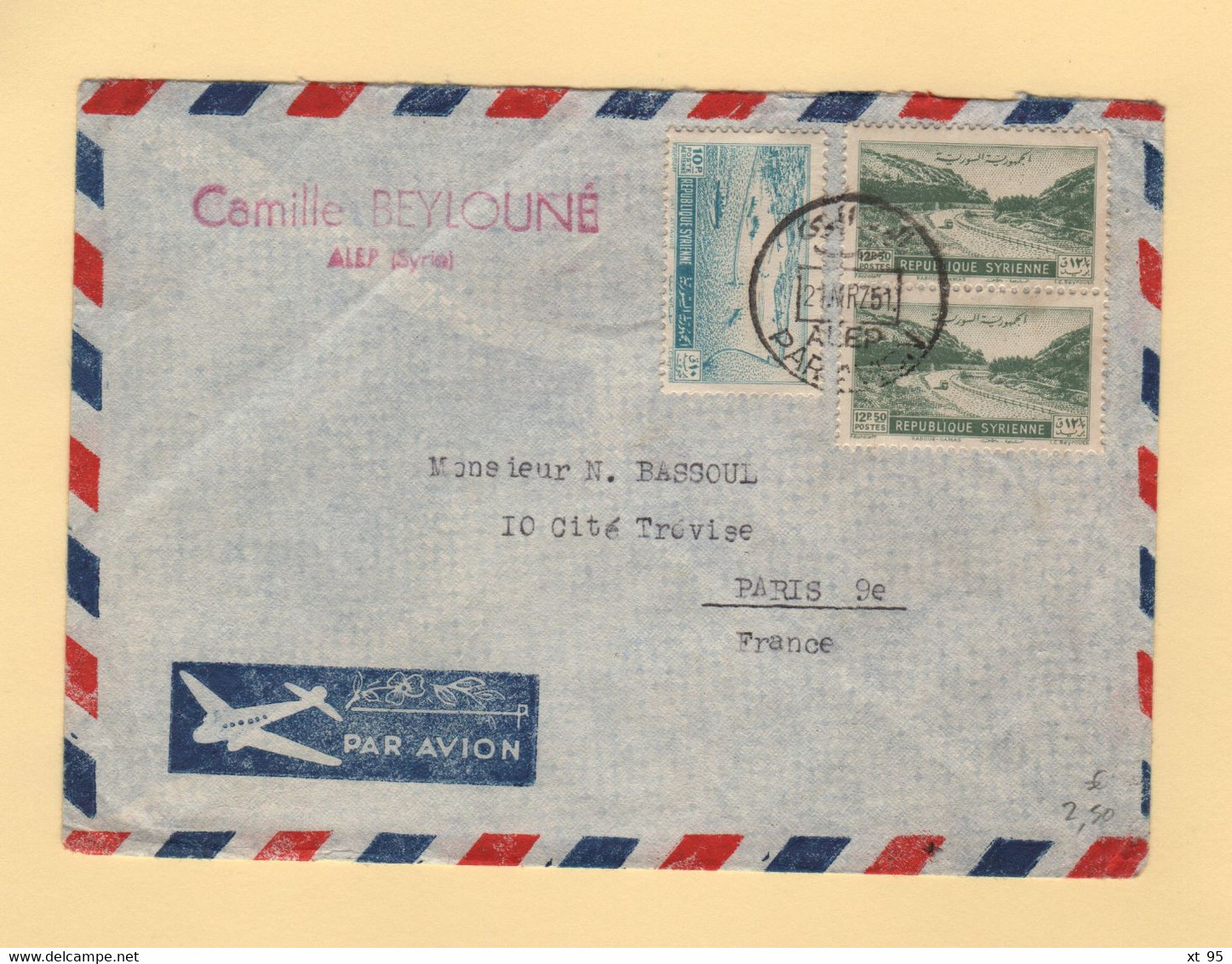 Syrie - Alep - 1951 - Par Avion Destination France - Syria