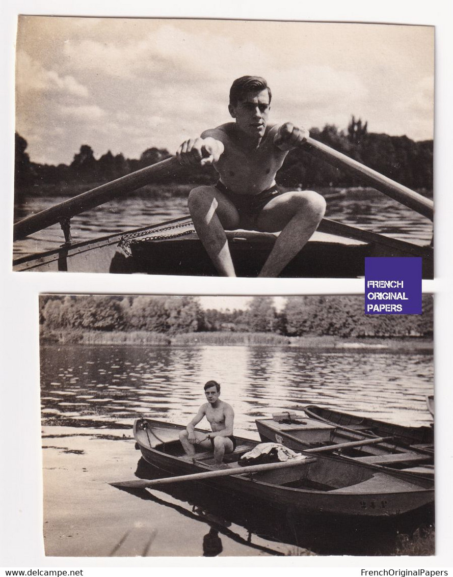 Canotage Sur La Seine 1942 Lot De 2 Petites Photos 5,5x3,5cm Jeune Homme Torse Nu Sport Canoe Barque Photo A59-3 - Anonymous Persons