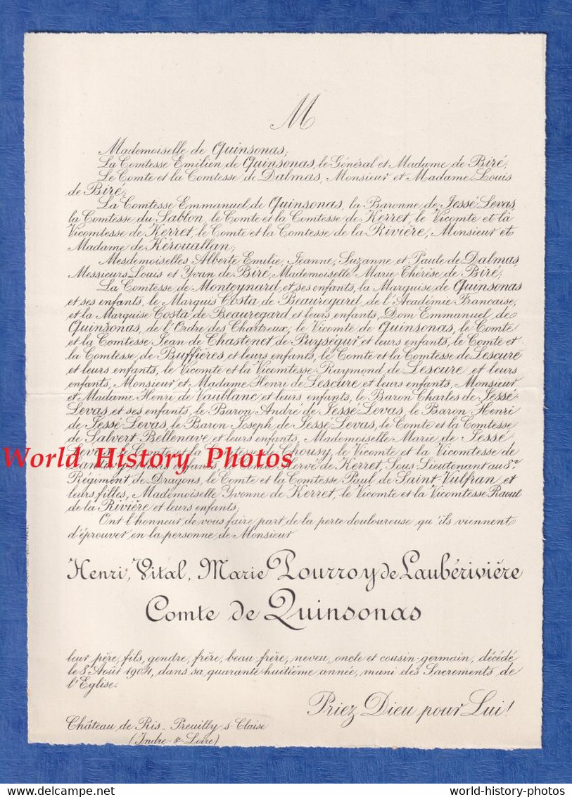 Document Ancien De 1904 - PREUILLY Sur CLAISE Château De RIS - Henri Vital Marie POURROY De LAUBERIVIERE Comte QUINSONAS - Documenti Storici