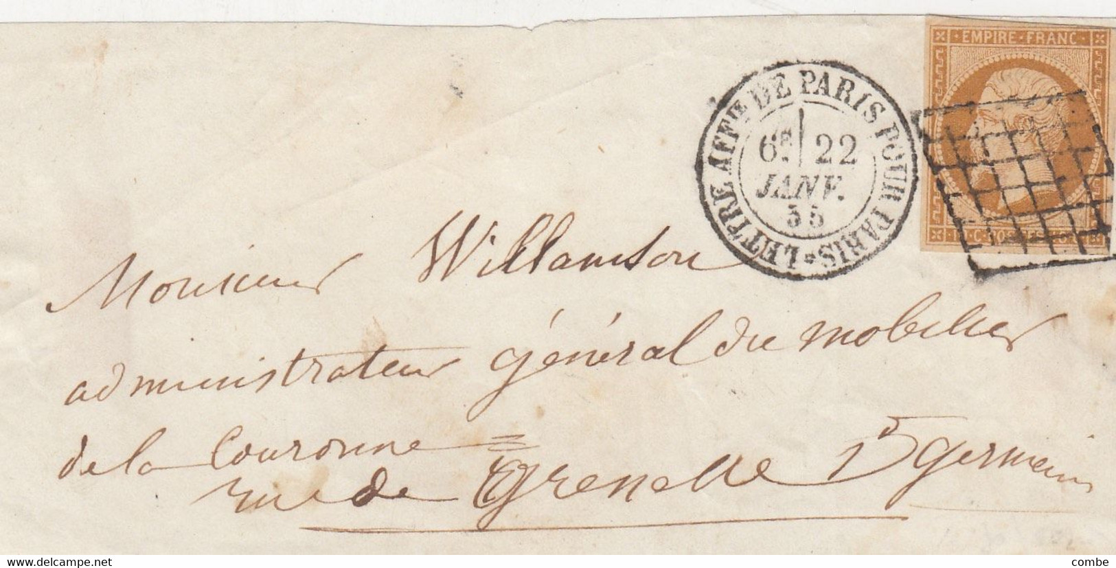 LETTRE. DEVANT. 22 JANV 55. N°13. GRILLE DE PARIS + CACHET N° 1337. AFFt. DE PARIS POUR PARIS     /  2 - 1849-1876: Periodo Classico