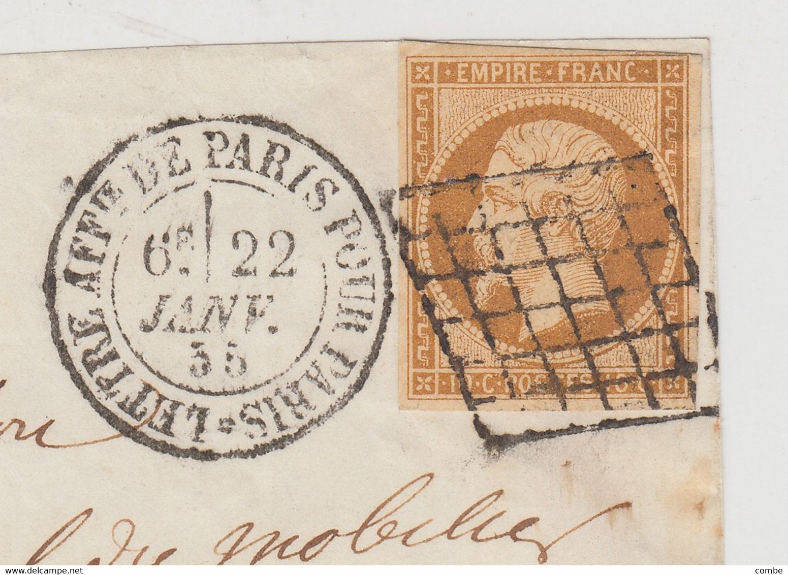 LETTRE. DEVANT. 22 JANV 55. N°13. GRILLE DE PARIS + CACHET N° 1337. AFFt. DE PARIS POUR PARIS     /  2 - 1849-1876: Periodo Classico