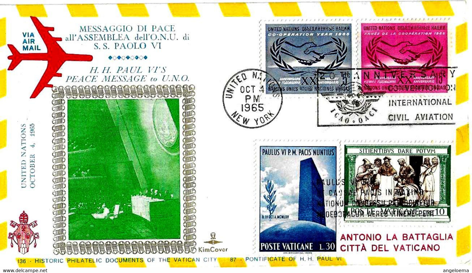 ONU - 1965 NEW YORK Visita Papa PAOLO VI All'Onu Su Busta KimCover Viaggiata Per Il Vaticano - 2334 - Popes