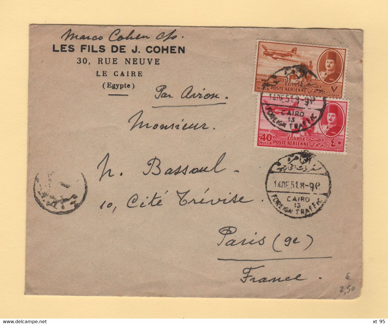 Egypte - Le Caire - 1946 - Par Avion Destination France - Storia Postale