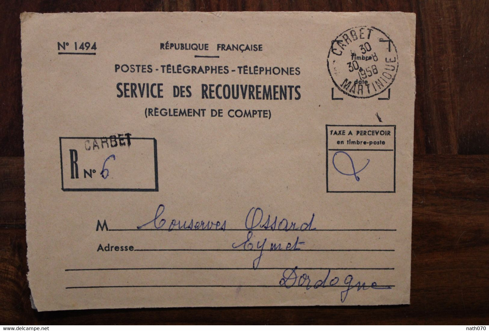 Martinique 1958 Carbet Cover Enveloppe PTT Recouvrement France Oblit. Mécanique Taxe Recommandé - Lettres & Documents