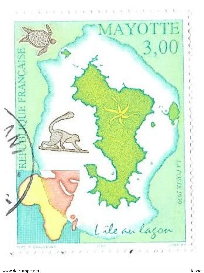 MAYOTTE - L ILE DU LAGON ( CARTES, TORTUE, SINGE ) TIMBRE DE 1999 EN OBLITERATION RONDE, VOIR LE SCANNER - Used Stamps