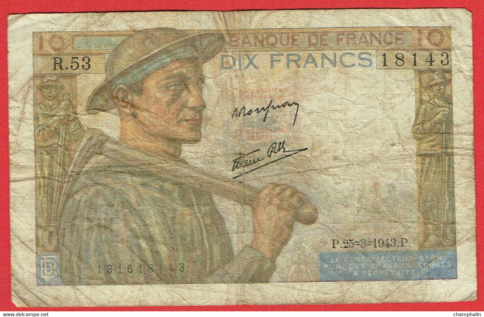 France - Billet De 10 Francs Type Mineur - 25 Mars 1943 - 10 F 1941-1949 ''Mineur''