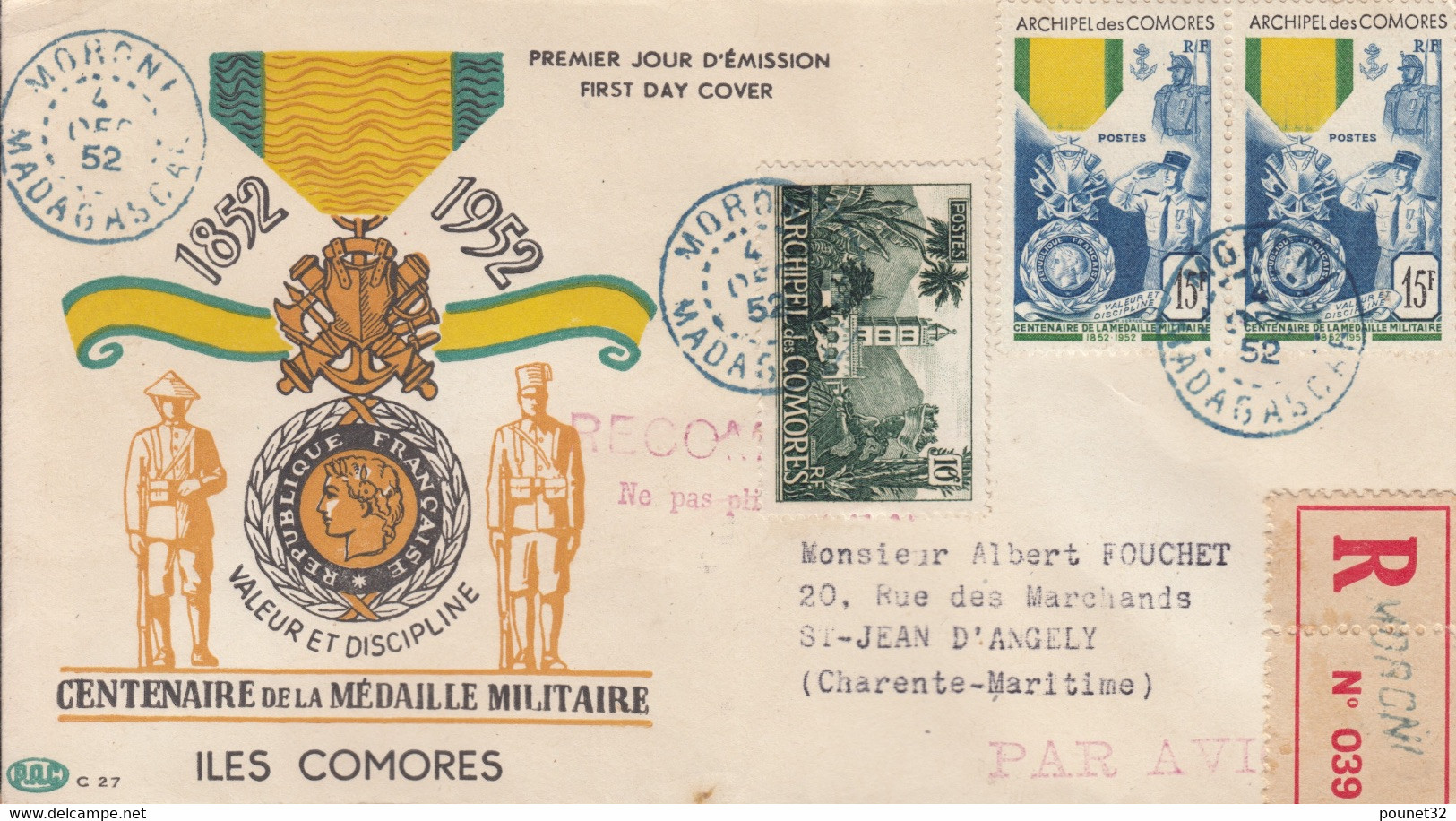 COMORES : CENTENAIRE MEDAILLE MILITAIRE RARE PAIRE N° 12 SUR ENVELOPPE 1ER JOUR EN RECOMMANDE - Lettres & Documents