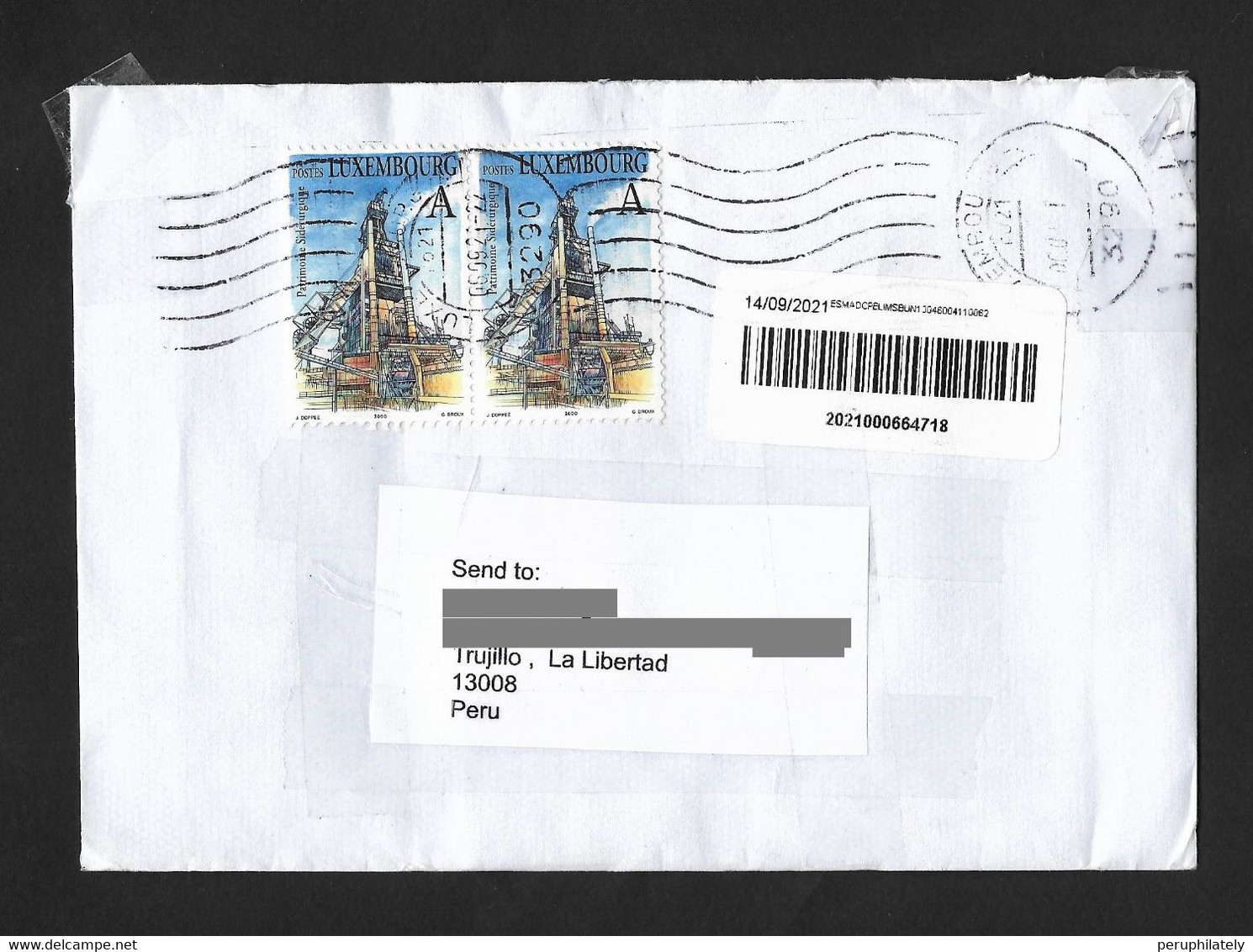 Luxembourg Cover With Patrimoine Siderurgique Stamps Sent To Peru - Covers & Documents