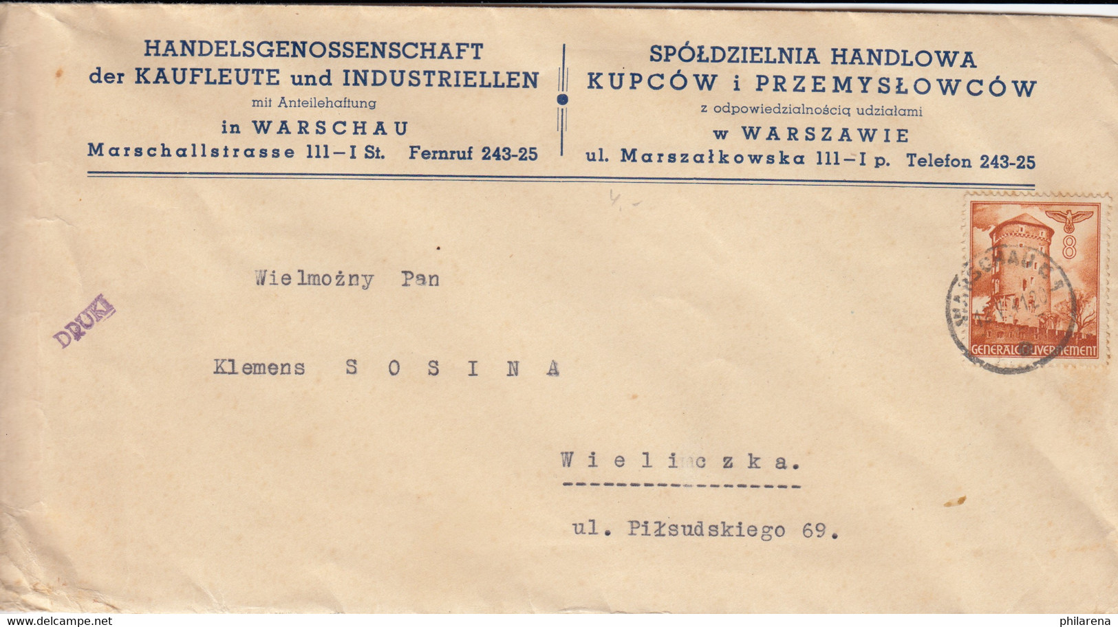 GG EF Als Drucksache Von Warschau Portogerecht Nach Wieliczka - Occupation 1938-45