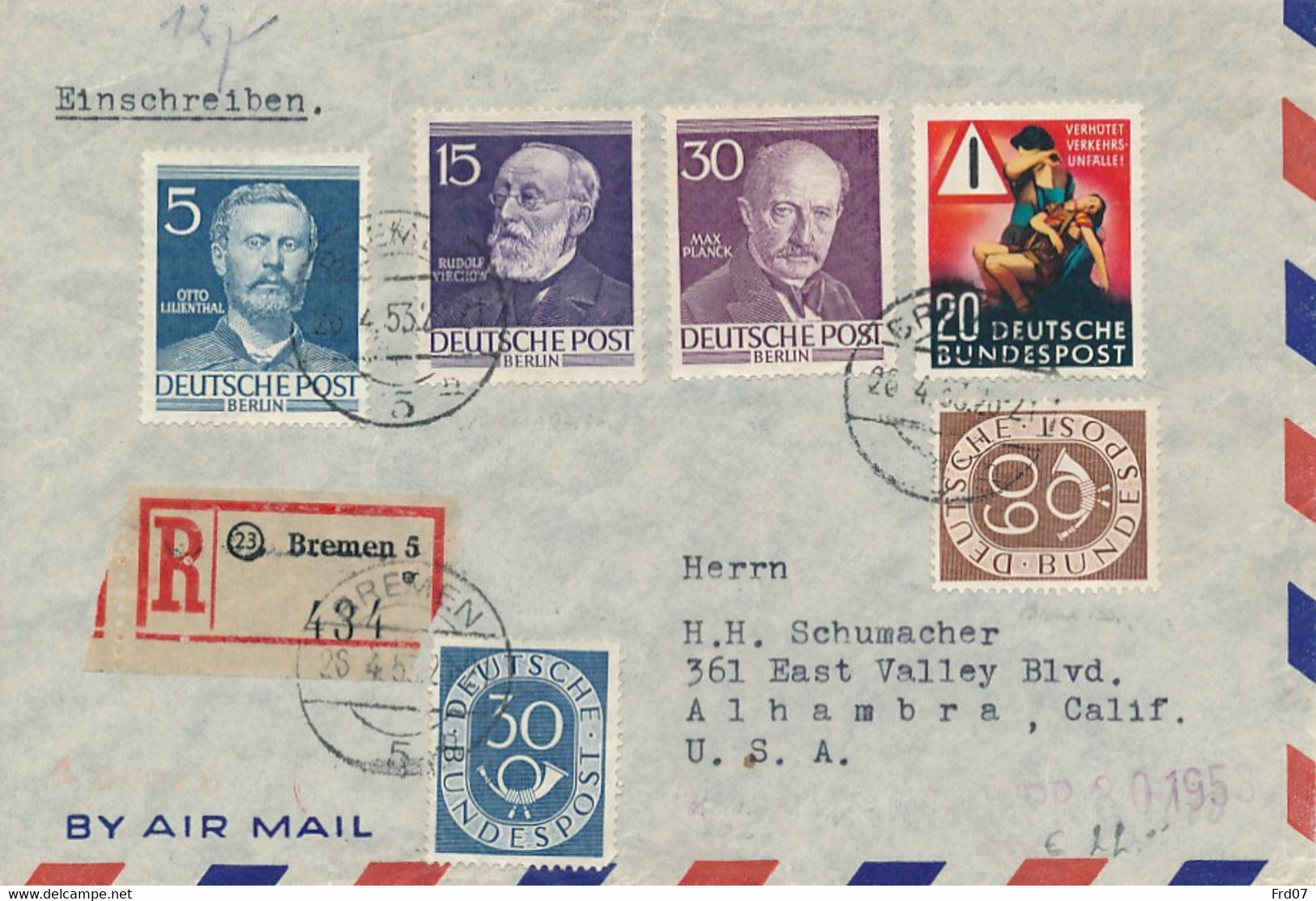 Berlin 92, 96, 99 & Bundes 132.135 & 162 Auf Einschreiben Bremen 26.4.53 Nach USA Alhambra 29. April 1953 - Lettres & Documents