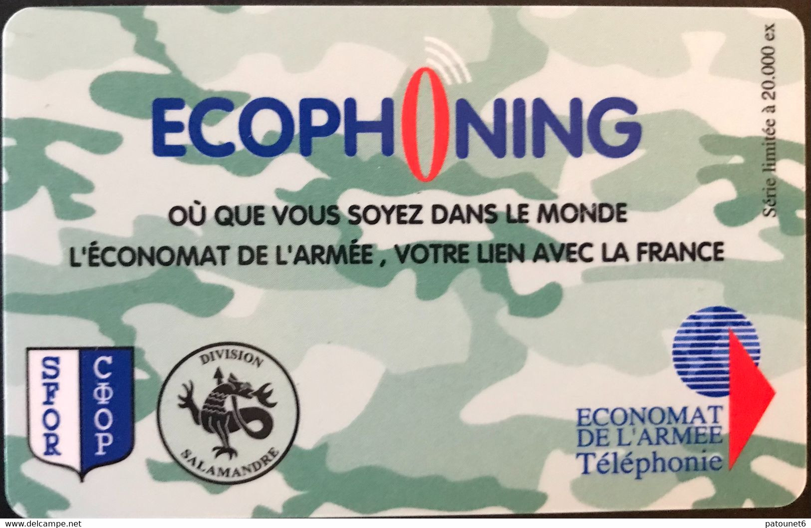 FRANCE  -  ARMEE  -  Prepaid  -  ECOPHONING  - SFOR - Division Salamandre - Vert Bronze -  Schede Ad Uso Militare