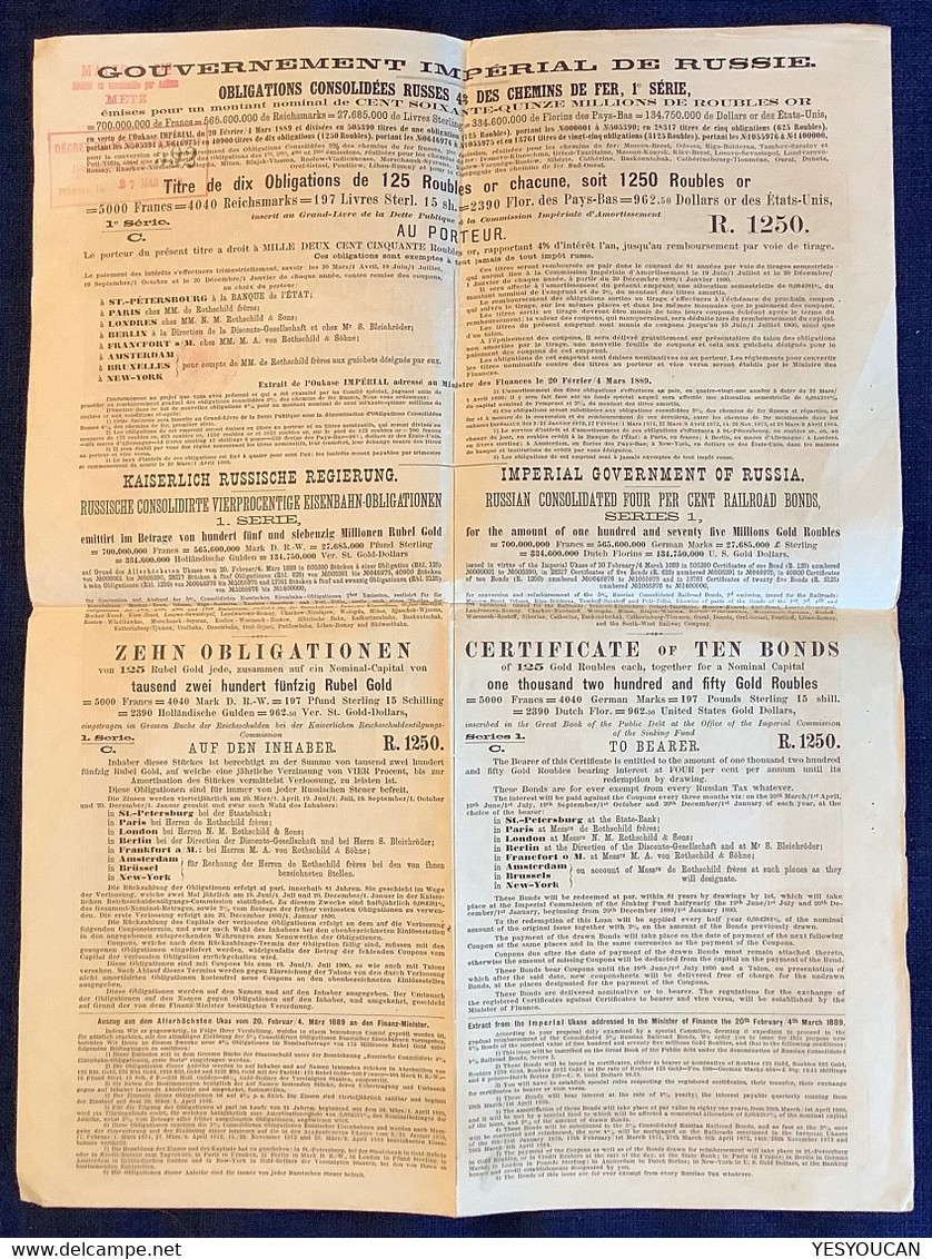 RUSSIA RAILWAY BOND 1889 125 ROUBLE CHEMIN DE FER 1. SERIE C “(Russie Obligation Action Stock Share - Sonstige & Ohne Zuordnung