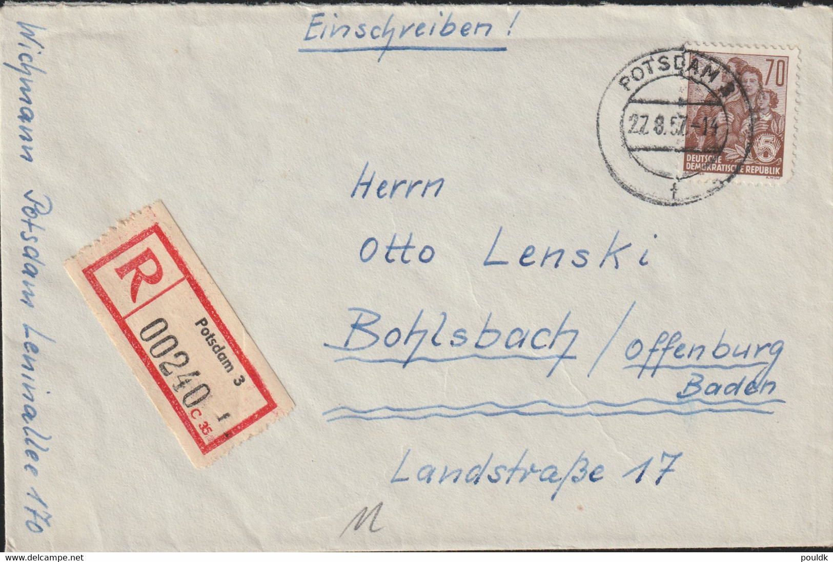 DDR Registered Cover Posted Potsdam 3 1957  (DD31-36) - Briefe U. Dokumente