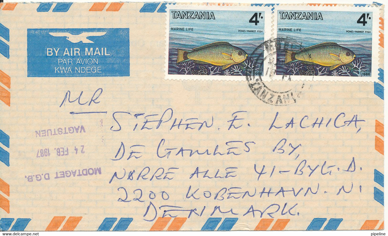 Tanzania Air Mail Cover Sent To Denmark 1987 Topic Stamps FISH - Tanzanie (1964-...)