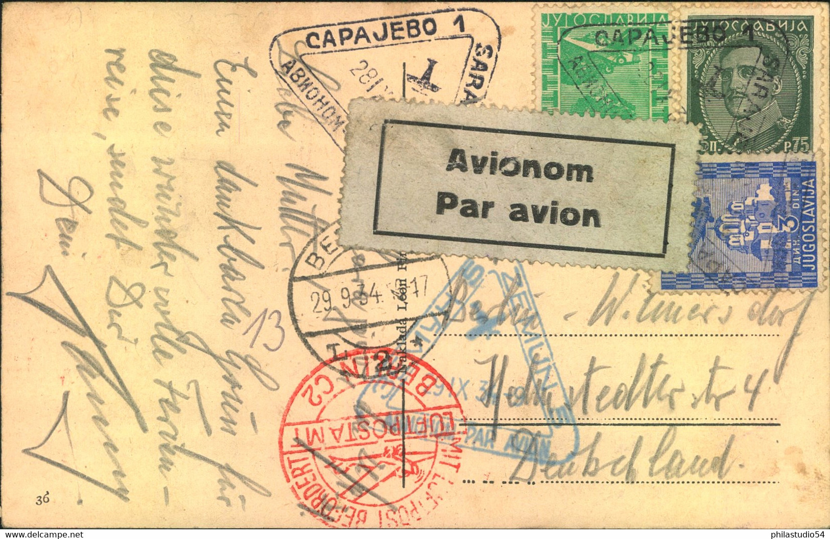 1934, INCOMING AIRMAIL, Karte Mit Flugpoststempel Von SARAJEWO Nach Berlin. - Poste Aérienne & Zeppelin