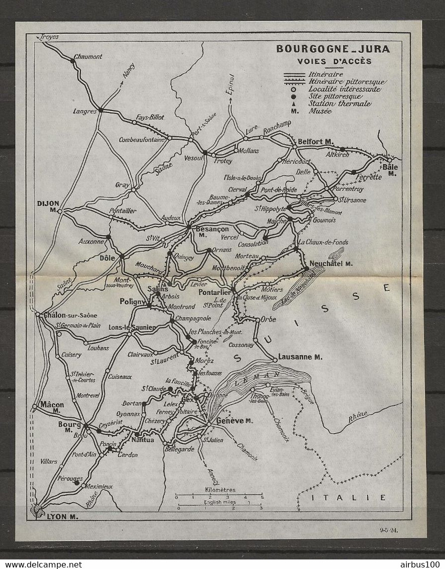 CARTE PLAN 1924 - VOIES D'ACCES BOURGOGNE JURA - STATIONS THERMALES - MUSÉES - LOCALITÉ INTÉRESSANTE - Cartes Topographiques