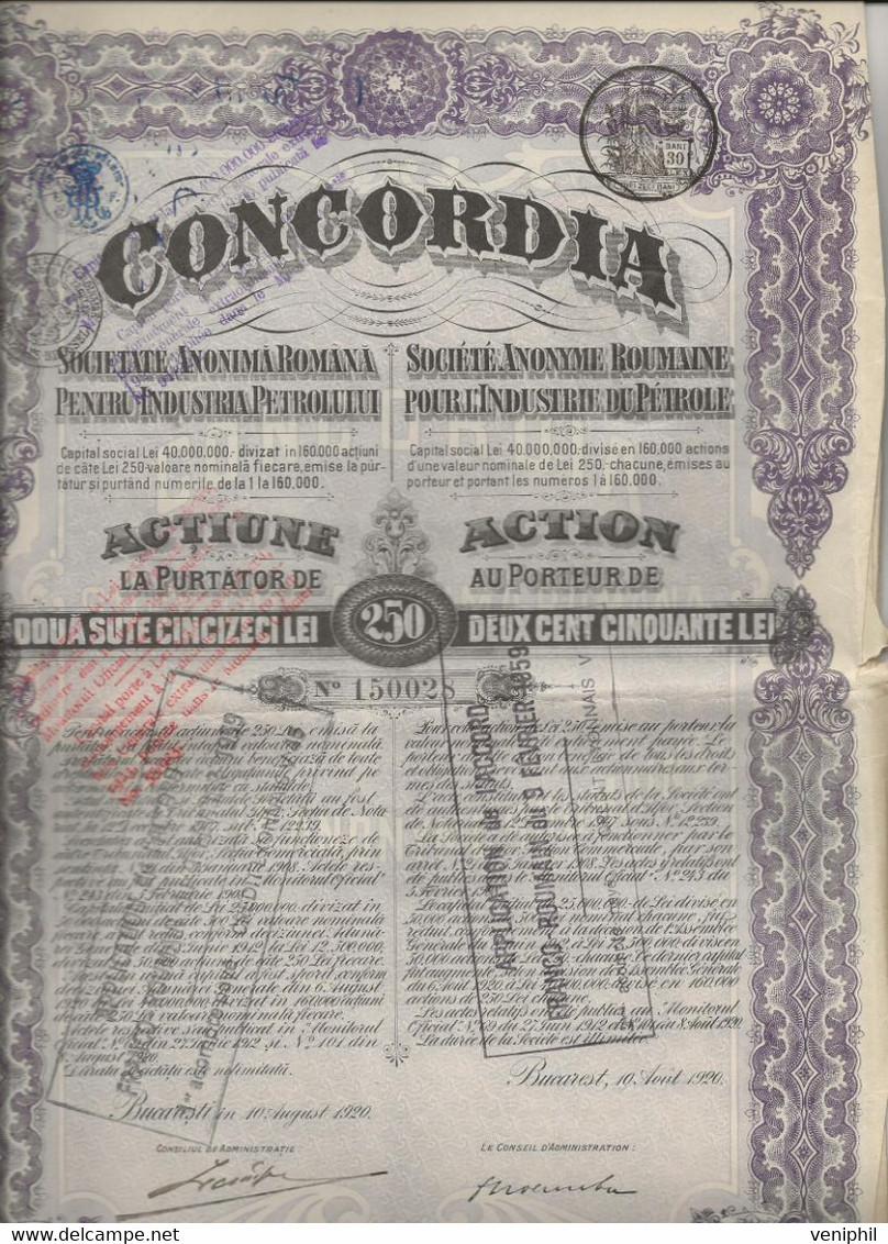 LOT DE 5 ACTIONS -CONCORDIA - SOCIETE ROUMAINE POUR L'INDUSTRIE DU PETROLE - ACTION DE 250 LEI  -ANNEE 1920 - Petróleo