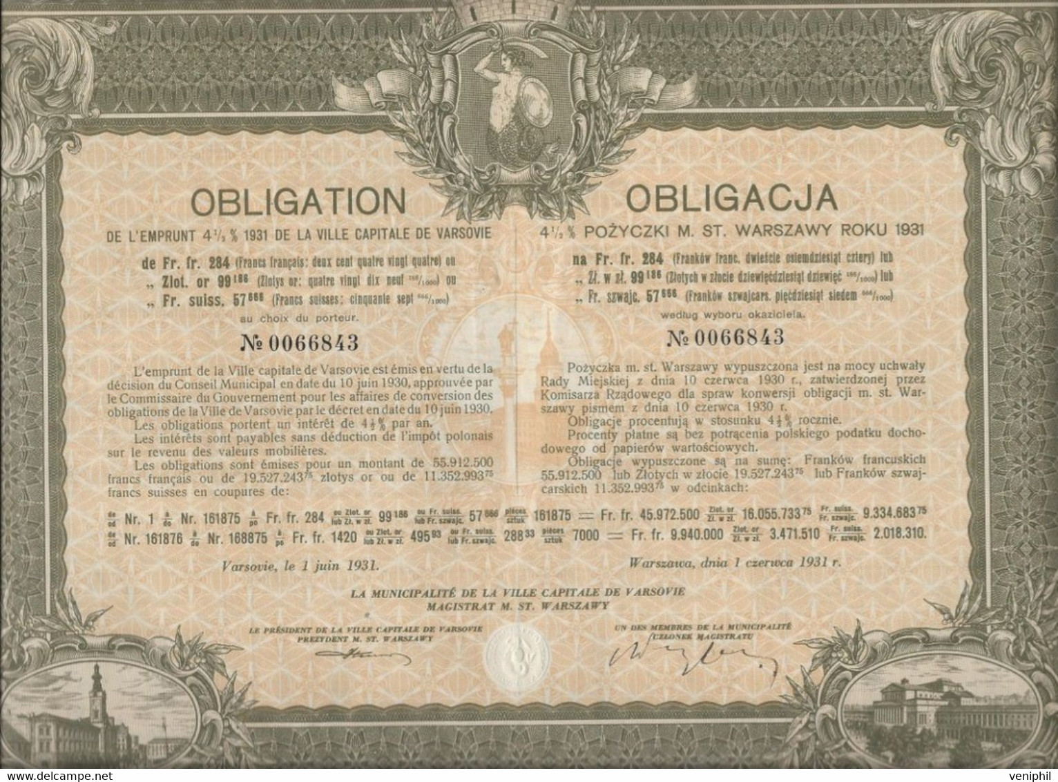 OBLIGATION DE L'EMPRUNT 4,5 % 1931 DE LA VILLE DE VARSOVIE -   1931 - Banca & Assicurazione