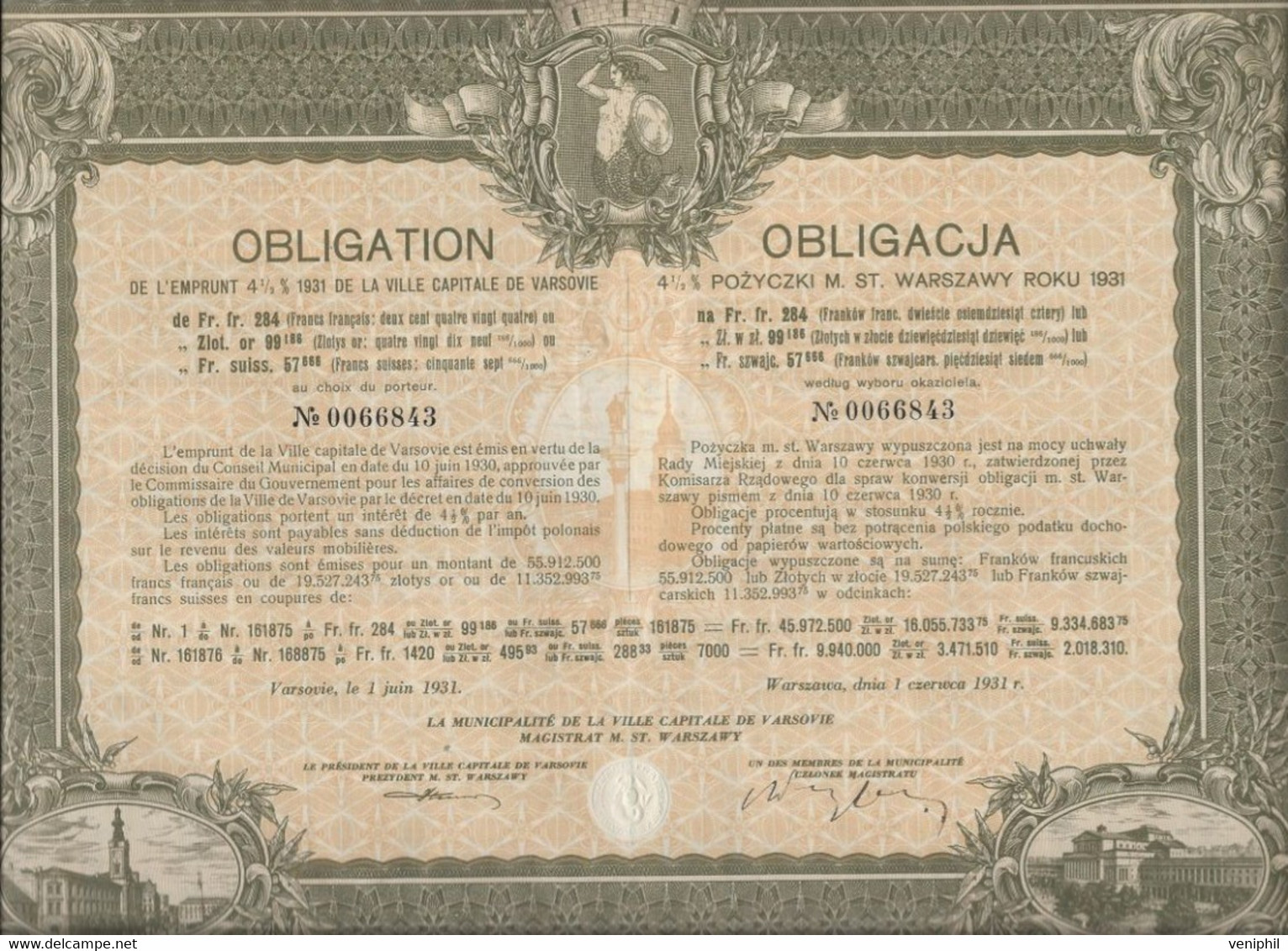 OBLIGATION DE L'EMPRUNT 4,5 % 1931 DE LA VILLE DE VARSOVIE -   1931 - Bank En Verzekering