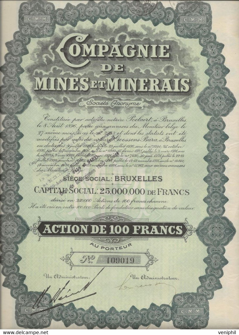 COMPAGNIE DE MINES ET MINERAIS- ACTION SE 100 FRS  - ANNEE 1928 - Miniere