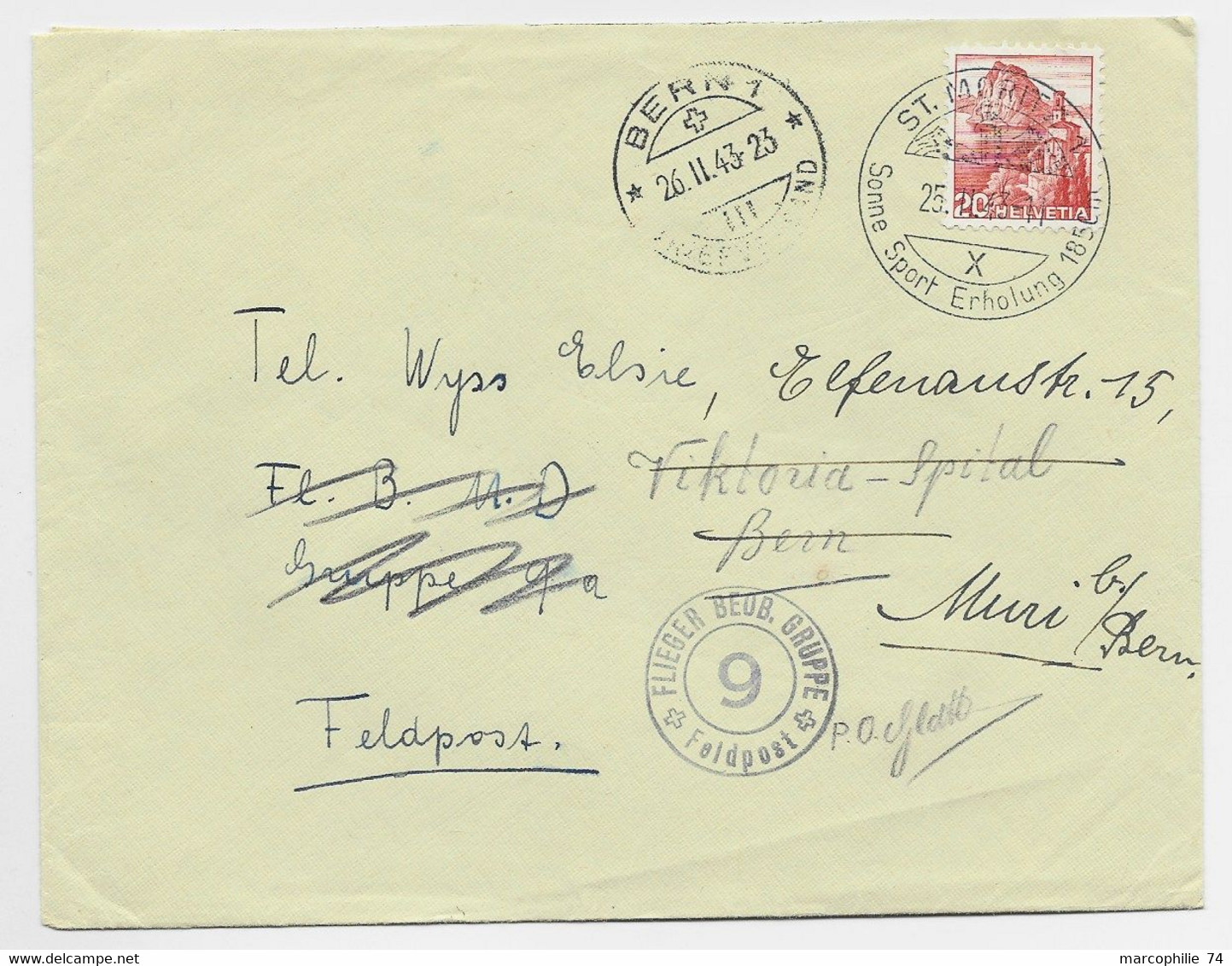 HELVETIA SUISSE 20C LETTRE COVER ST MORITZ 25.II.1943 TO BERN REEXP MURI FELPOST + FLIEGER BEUB. GRUPPE 9 - Postmarks