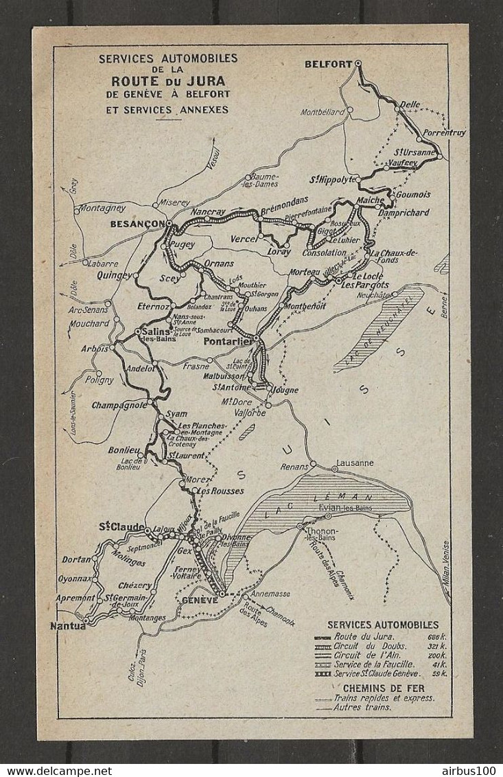 CARTE PLAN 1924 - SERVICE AUTOMOBILES De La ROUTE Du JURA De GENEVE à BELFORT Et SERVICES ANNEXES - Cartes Topographiques