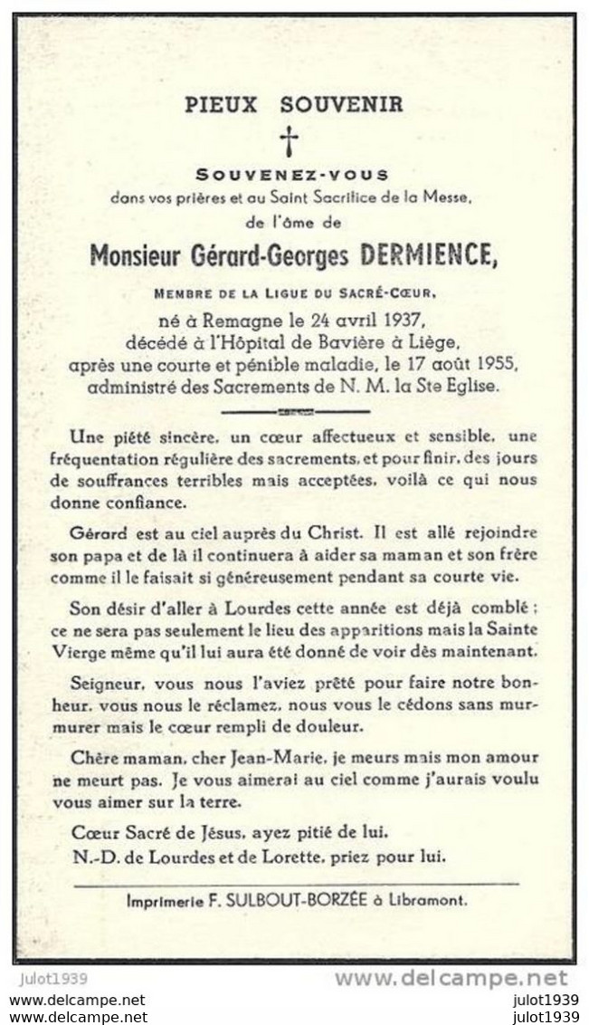 REMAGNE ..-- Mr Gérard DERMIENCE , Né En 1937 , Décédé En 1955 à LIEGE ( Hôpital De Bavière ) . - Libramont-Chevigny