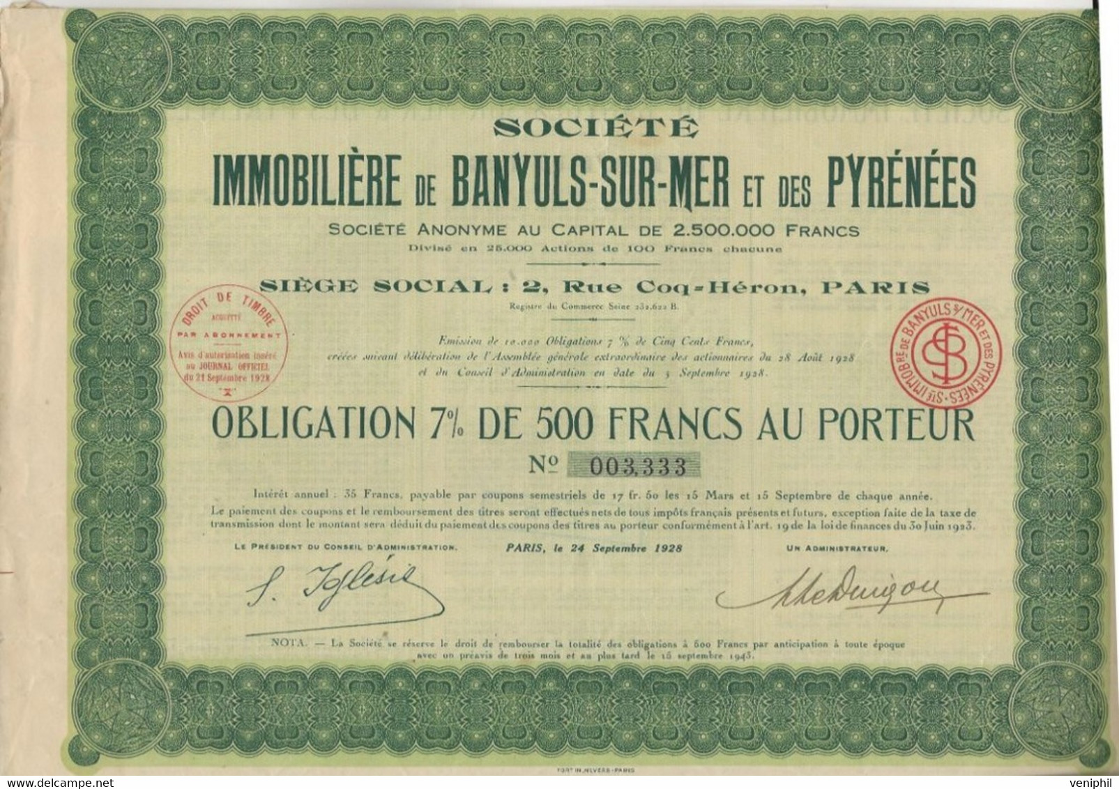 SOCIETE IMMOBILIERE DE BANYULS-SUR -MER ET DES PYRENEES -OBLIGATION 7 % DE 500 FRS -ANNEE 1928 - Banca & Assicurazione