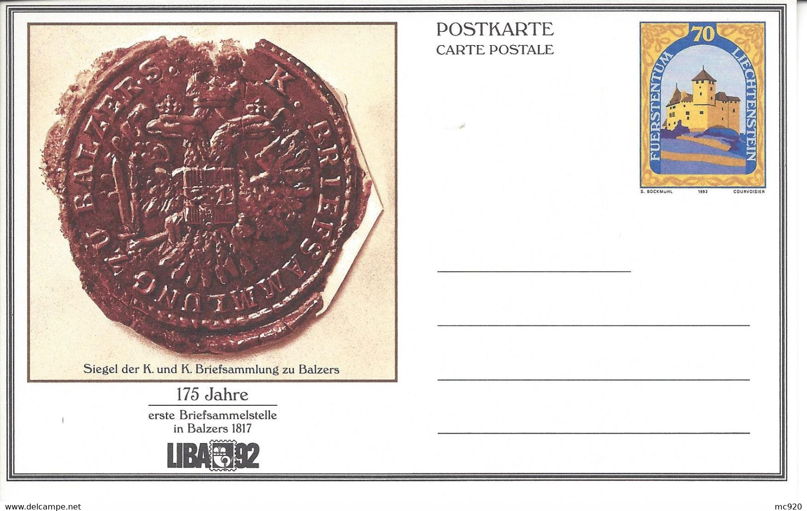 Liechtenstein Entier Postal Ganzsache Carte Postale Postkarte CP88 Et 89 50 Et 70Rp. Neuves 1992 LIBA Balzers - Stamped Stationery