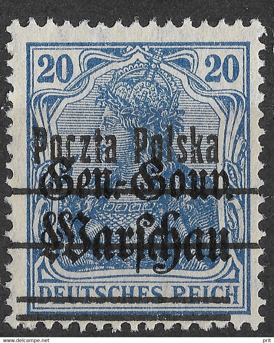 Poland 1919 20Pf Rare Ultramarine POCZTA POLSKA. Mi 10a Or B? Type II/Fischer 12 A, Ab Or Ba? Forma II (4 Mm). MNG. - Ungebraucht