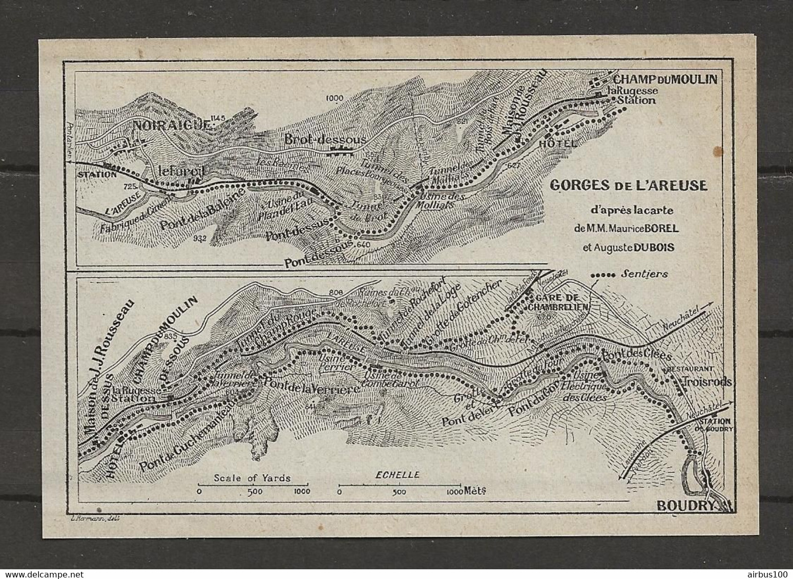 CARTE PLAN 1924 - GORGES De L'AREUSE D'APRES M.M. MAURICE BOREL Et A. DUBOIS - CHAMP Du MOULIN - NOIRAIGUE - Cartes Topographiques