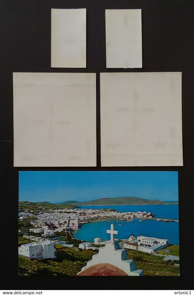 Olympic Airways Memorabilia 1957-1982 Label Stickers In Greek & English In Two Sizes Plus Postcard Of Mykonos - Pubblicità