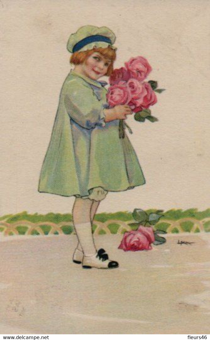 Belle Illustrée Signée Illisible ( Illustrateur Italien ) : Petite Fille En Manteau Bleu Avec Des Roses - Abbildungen