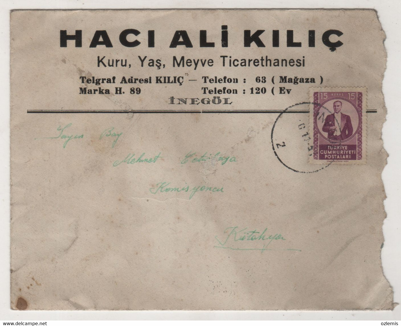 TURKEY,TURKEI,TURQUIE ,INEGOL TO KUTAHYA 1953 COVER - Briefe U. Dokumente