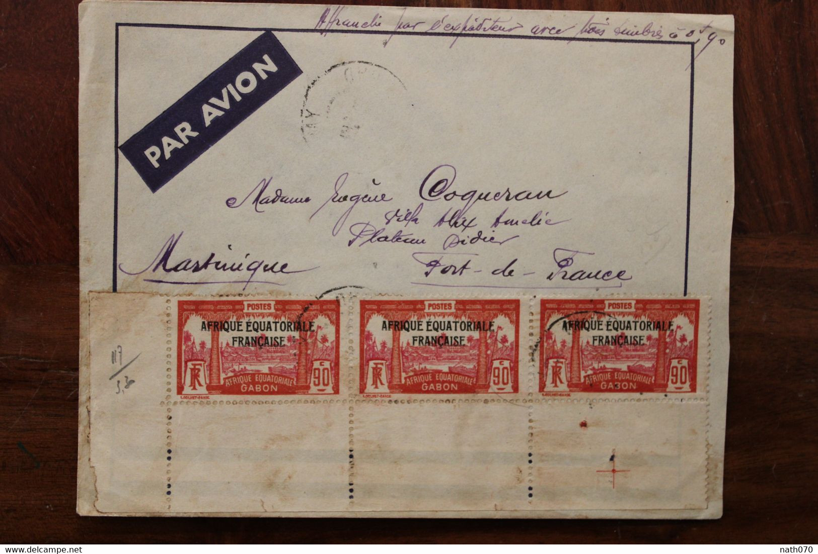 Gabon 1930's Martinique RARE En Bande De 3 AEF 0,90 France Cover Air Mail Par Avion - Briefe U. Dokumente