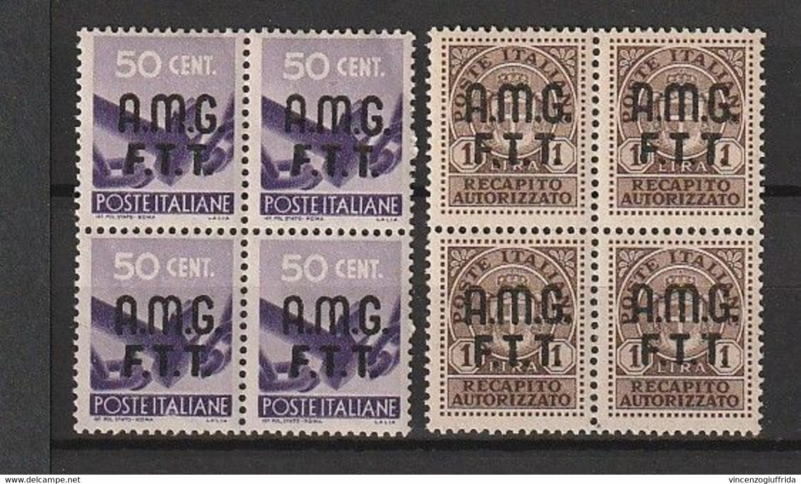 Italia 1947-48 Amm. Anglo-Americana Del Territorio Libero Di Trieste (Zona A) 2 BLOCCHI DI 4 -Sassone N. 2 + N.1 Recapit - Joegoslavische Bez.: Trieste