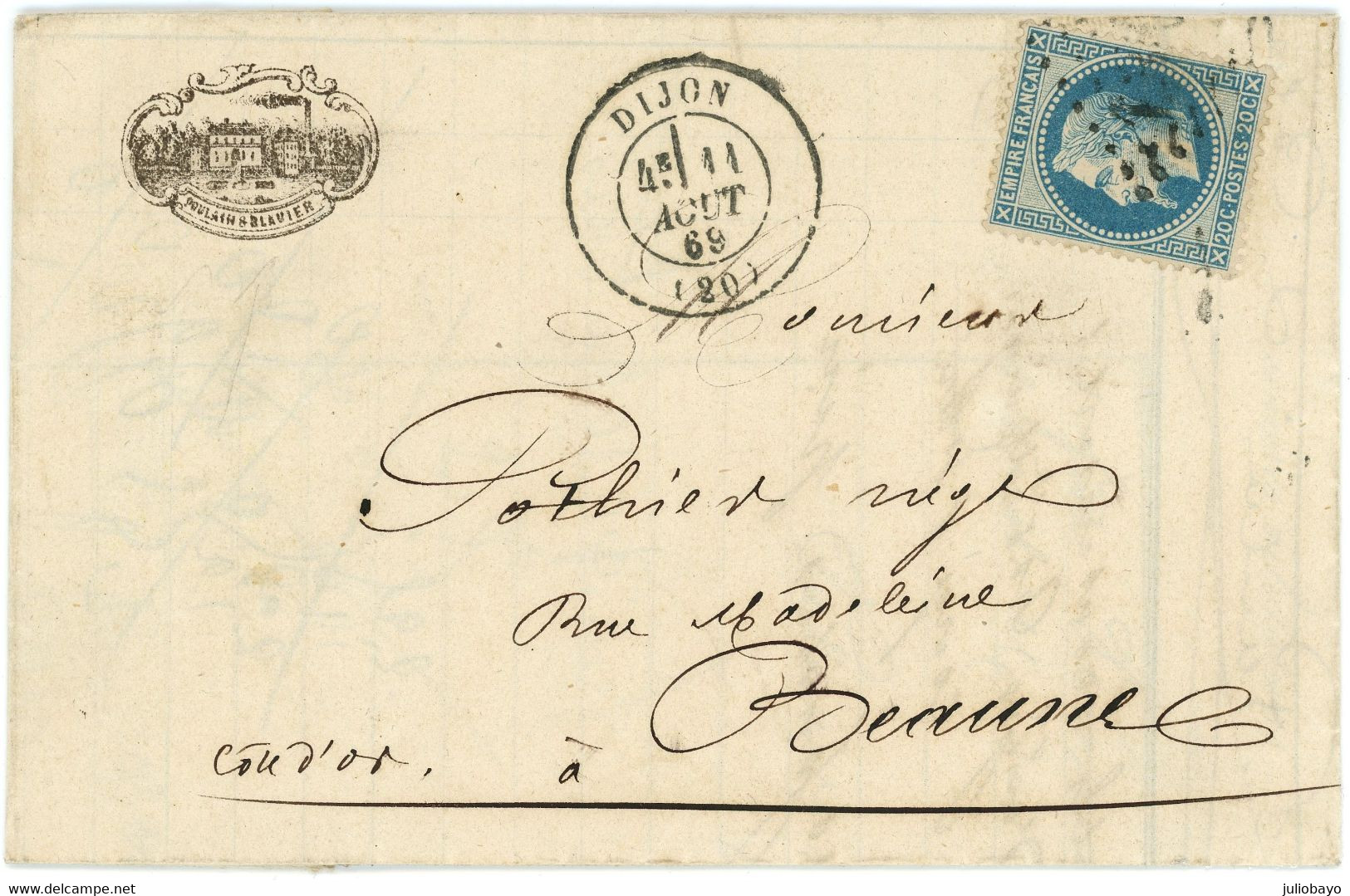 Promo 11 Aout 1869 N°29 Superbe Lettre Illustrée Et Facture De Dijon Vers Beaune ,Poulain & Blavier - 1849-1876: Periodo Classico