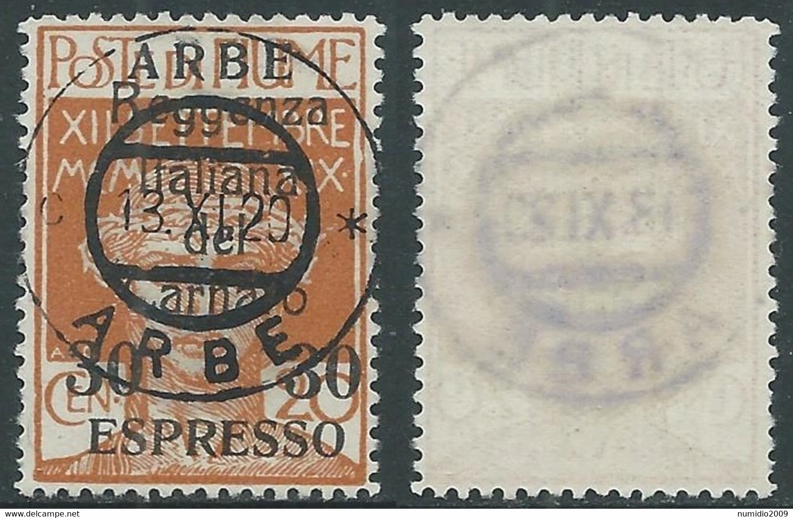 1920 ARBE ESPRESSO USATO REGGENZA DEL CARNARO 30 SU 20 CENT - I11-5 - Arbe & Veglia