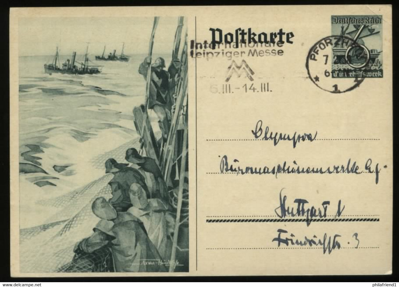 WW II GS Sonderpostkarte : Fischfang Gebraucht Mit Werbestempel Leipzig Messe ,Pforzheim - Stuttgart 1938, Bedarfserha - Lettres & Documents