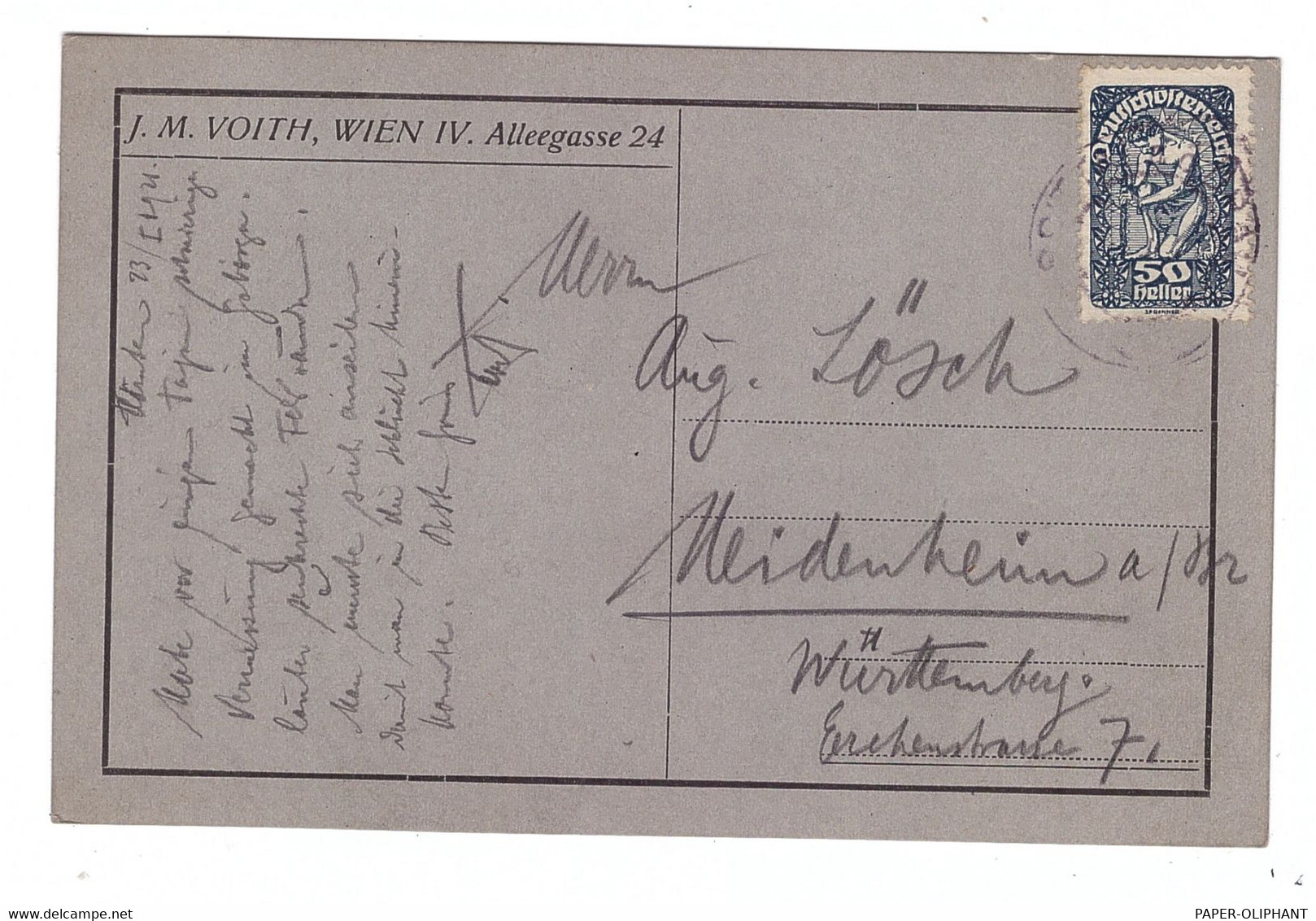 7920 HEIDENHEIM, Postkarte Mit Handzeichnung Von J.M. (Walter) Voith Wien An Den Nationalökonom August Lösch, 1921 - Heidenheim