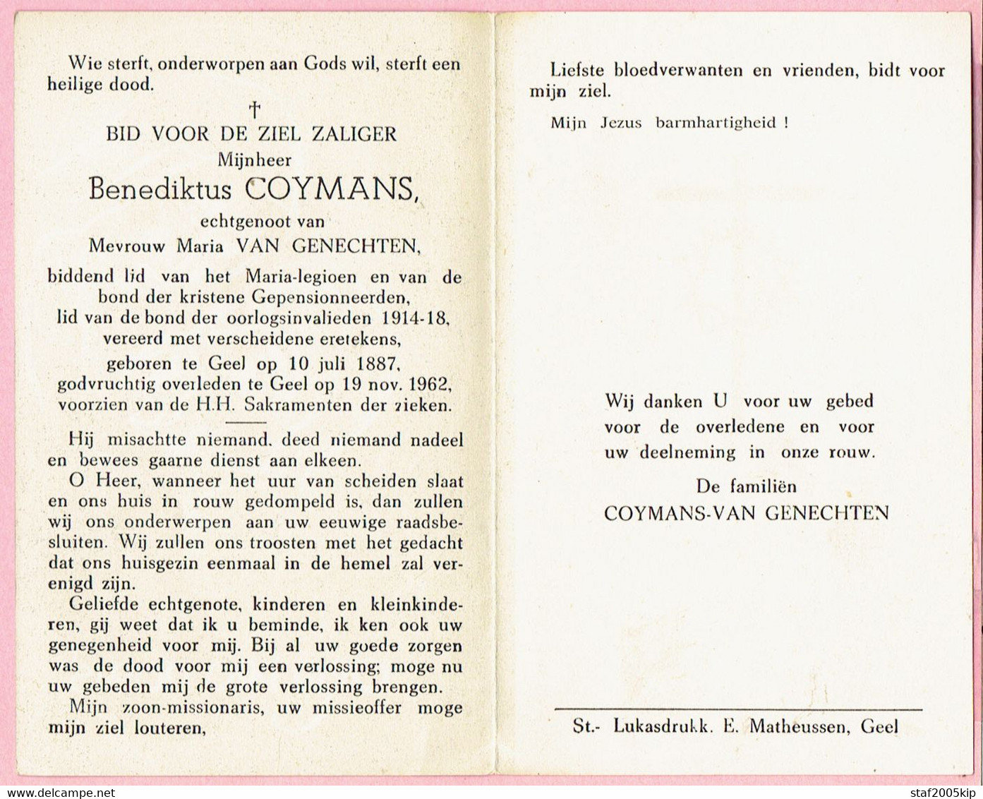 Bidprentje - Benediktus COYMANS Echtg. Maria VAN GENECHTEN - Geel 1887 - 1962 - Devotion Images