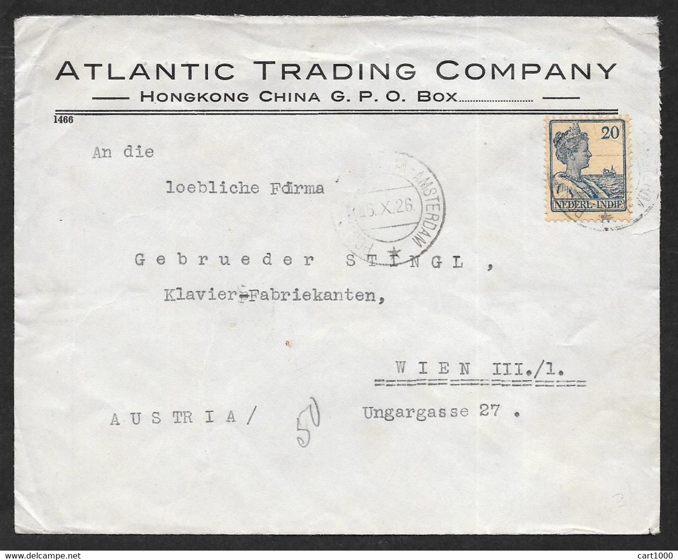 1926 NEDERLANDSCH INDIE ATLANTIC TRADING COMPANY HONG KONG N°C434 - Indie Olandesi