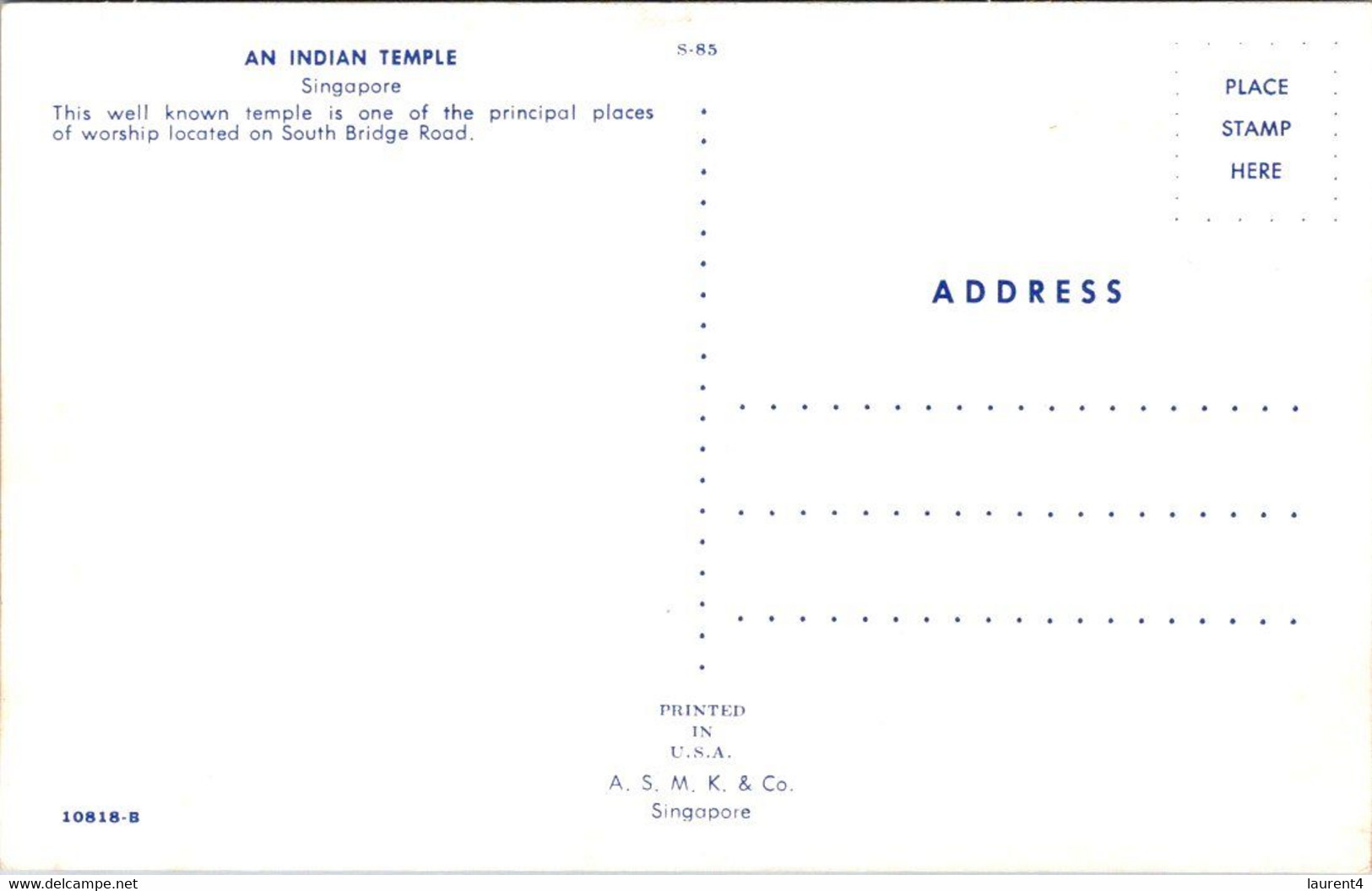 (5 A 21) Singapore - Older Postcard - Indian Temple - Budismo