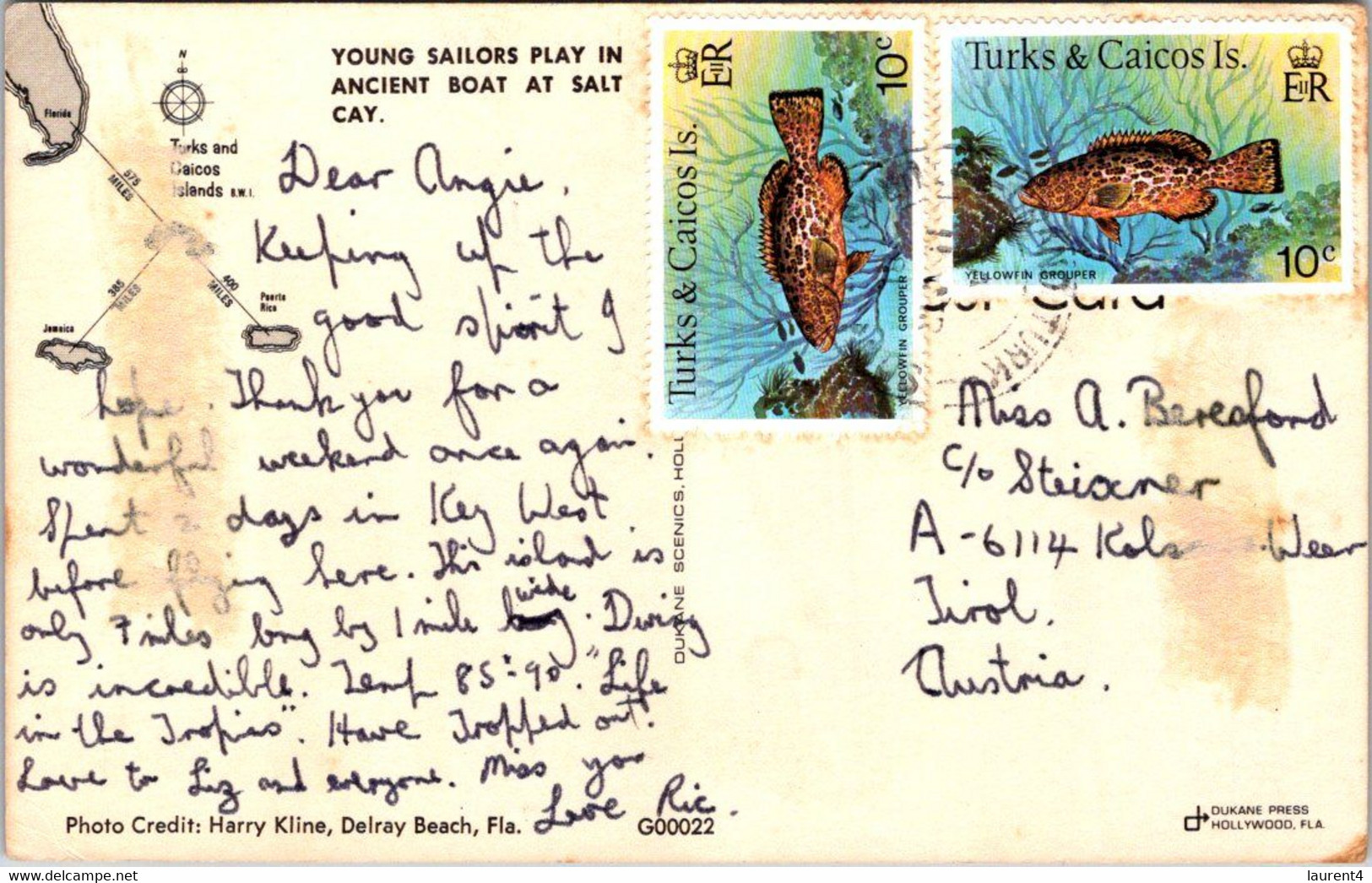 (5 A 21) Turks & Caicos Islands - Older Postcard - Posted To Australia (fish Stamps) - Turks- En Caicoseilanden