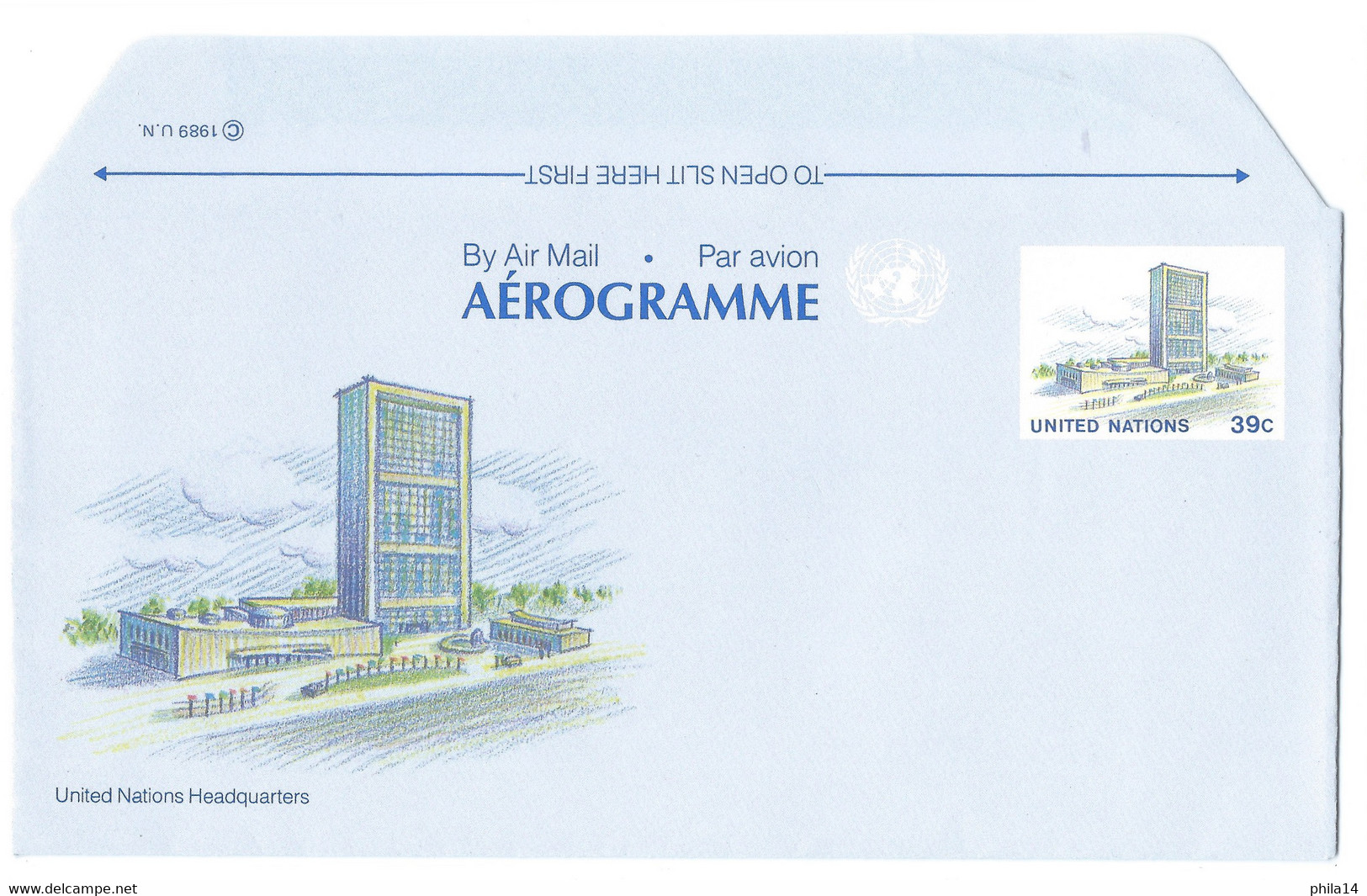 SP UNITED NATIONS AIRMAIL AEROGRAMME NEUF HEADQUARTERS 1989 - Covers & Documents