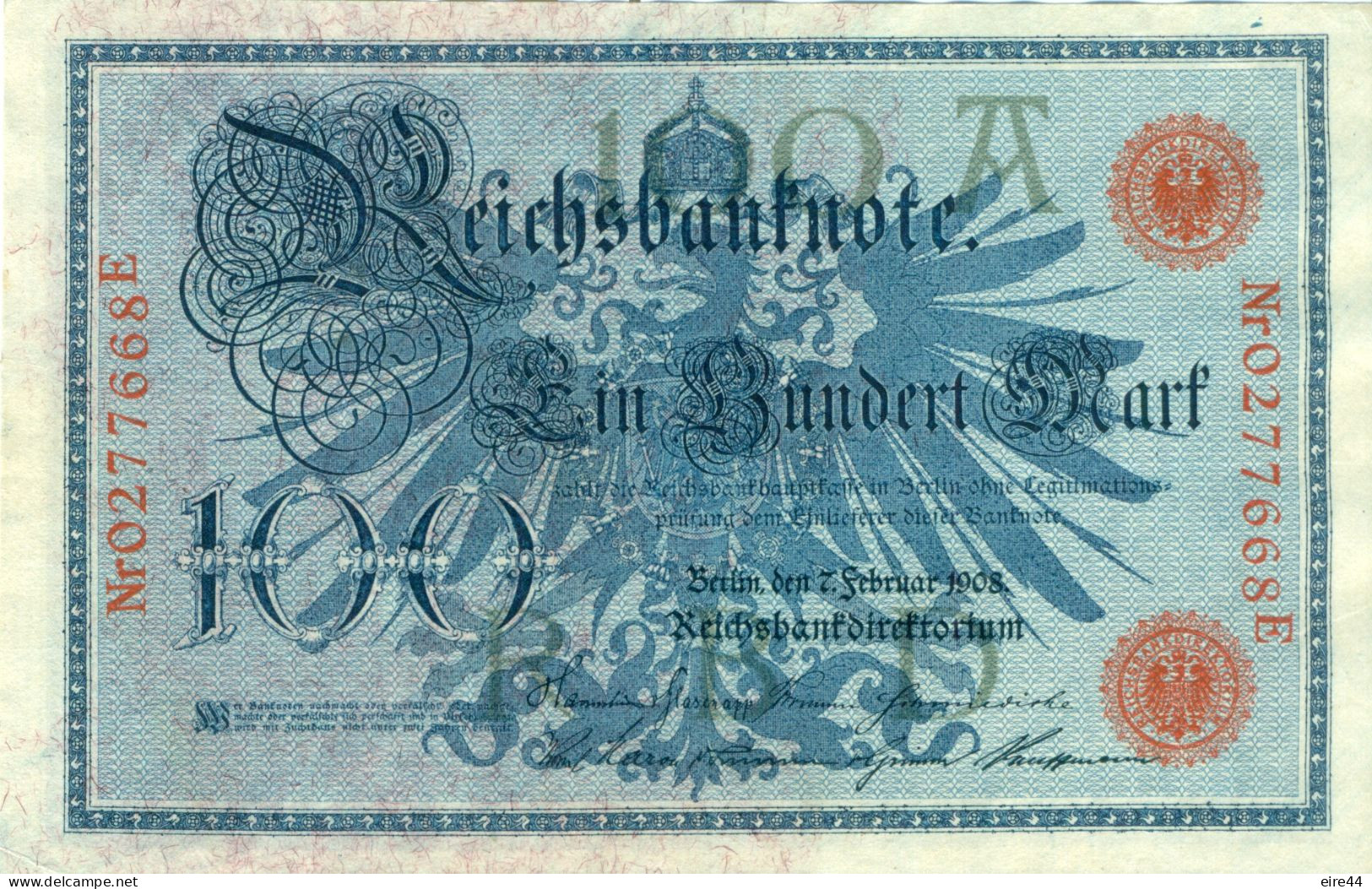 Germany 1908 Banknote VF 20 Mark Serial Number  0277668  E - 20 Mark